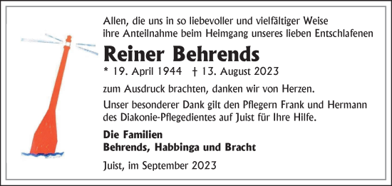 Traueranzeige von Reiner Behrends von Ostfriesischer Kurier GmbH