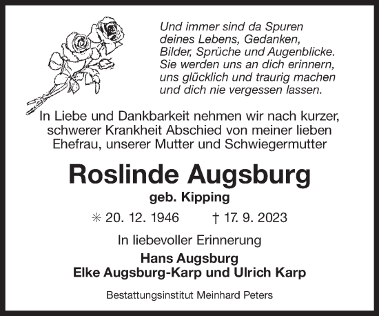 Traueranzeige von Roslinde Augsburg von Ostfriesischer Kurier GmbH