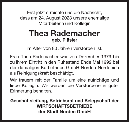 Traueranzeige von Thea Rademacher von Ostfriesischer Kurier GmbH