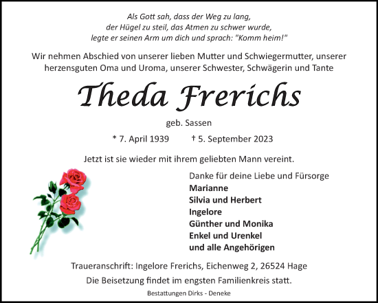 Traueranzeige von Theda Frerichs von Ostfriesischer Kurier GmbH