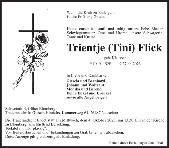 Traueranzeige von Trientje Flick von Ostfriesischer Kurier GmbH