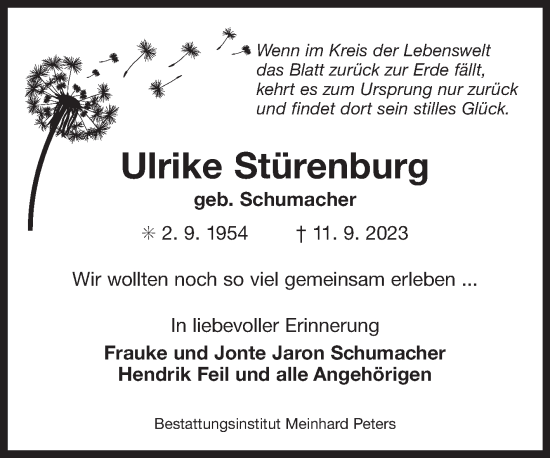 Traueranzeige von Ulrike Stürenburg von Ostfriesischer Kurier GmbH