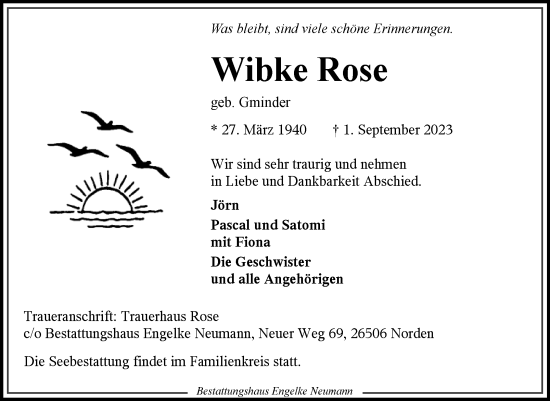 Traueranzeige von Wibke Rose von Ostfriesischer Kurier GmbH