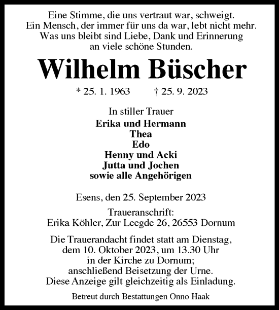 Traueranzeige von Wilhelm Büscher von Ostfriesischer Kurier GmbH