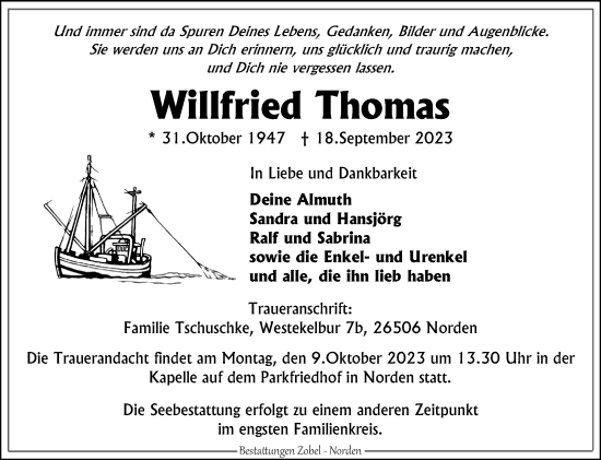 Traueranzeige von Willfried Thomas von Ostfriesischer Kurier GmbH