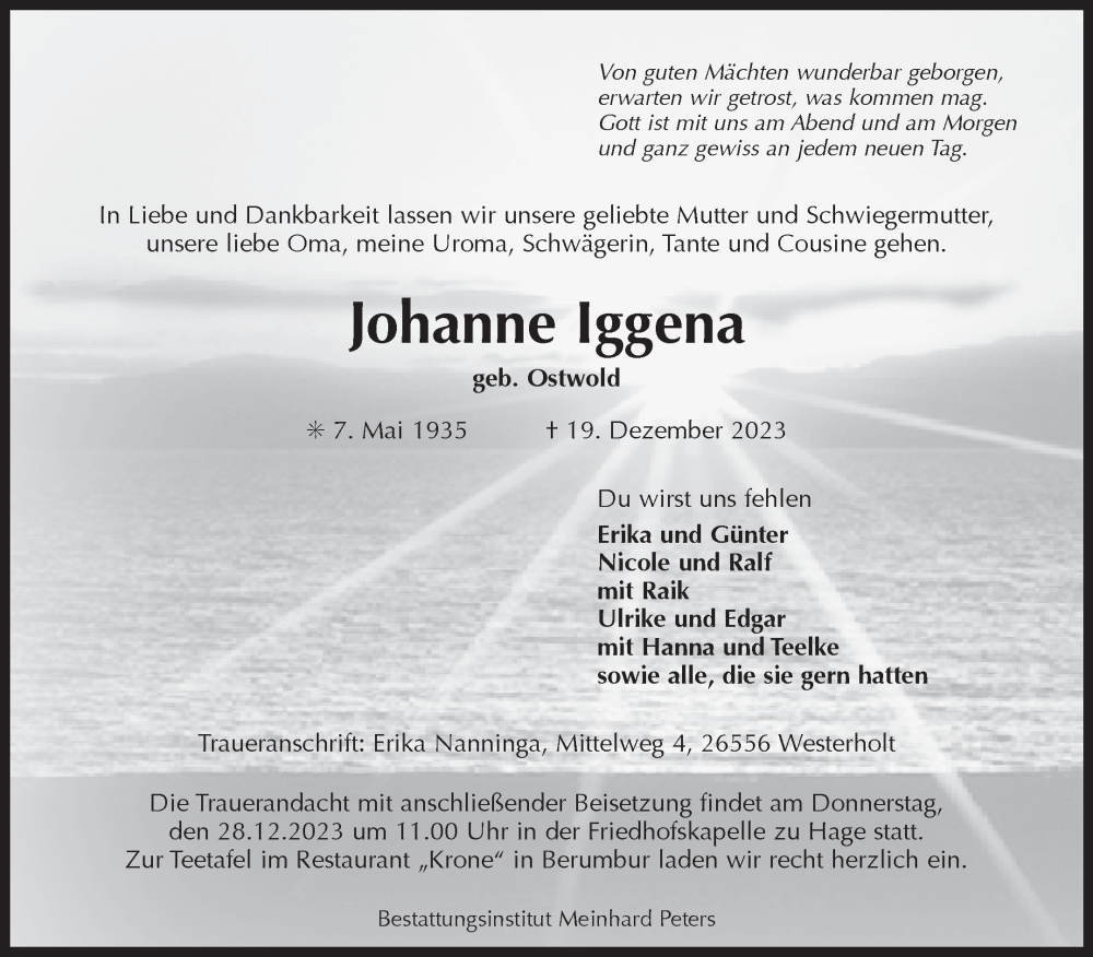  Traueranzeige für Johanne Iggena vom 23.12.2023 aus Ostfriesischer Kurier GmbH