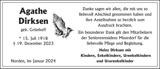 Traueranzeige von Agathe Dirksen von Ostfriesischer Kurier GmbH