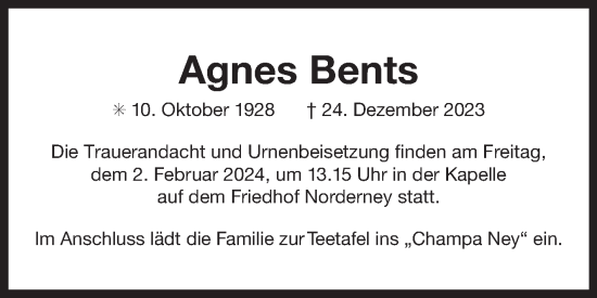 Traueranzeige von Agnes Bents von Ostfriesischer Kurier GmbH