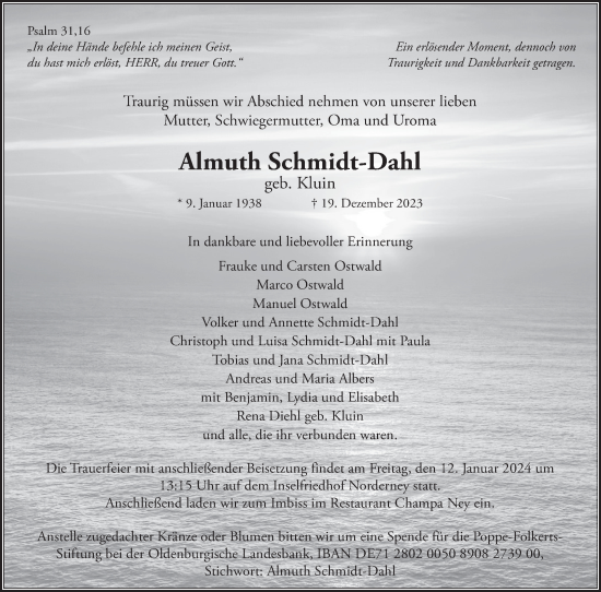 Traueranzeige von Almuth Schmidt-Dahl von Ostfriesischer Kurier GmbH