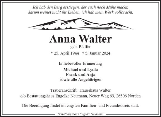 Traueranzeige von Anna Walter von Ostfriesischer Kurier GmbH