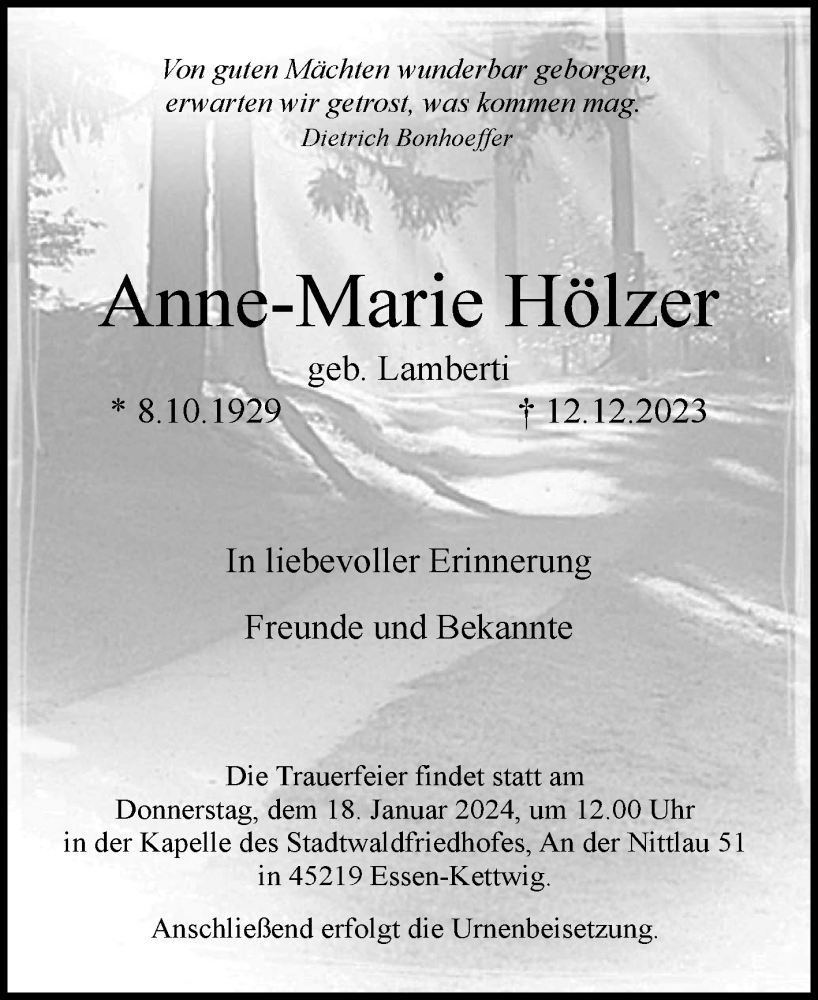  Traueranzeige für Anne-Marie Hölzer vom 06.01.2024 aus Ostfriesischer Kurier GmbH