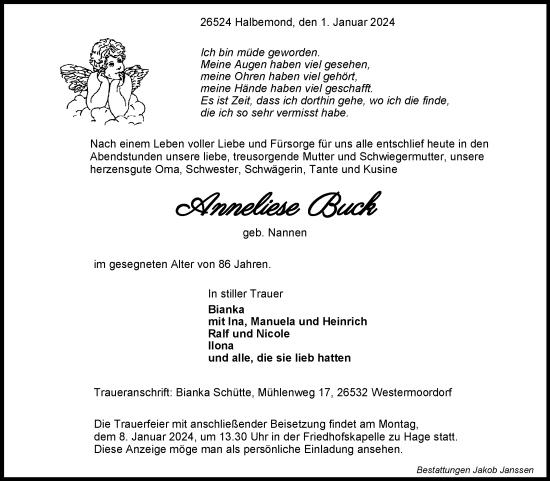 Traueranzeige von Anneliese Buck von Ostfriesischer Kurier GmbH