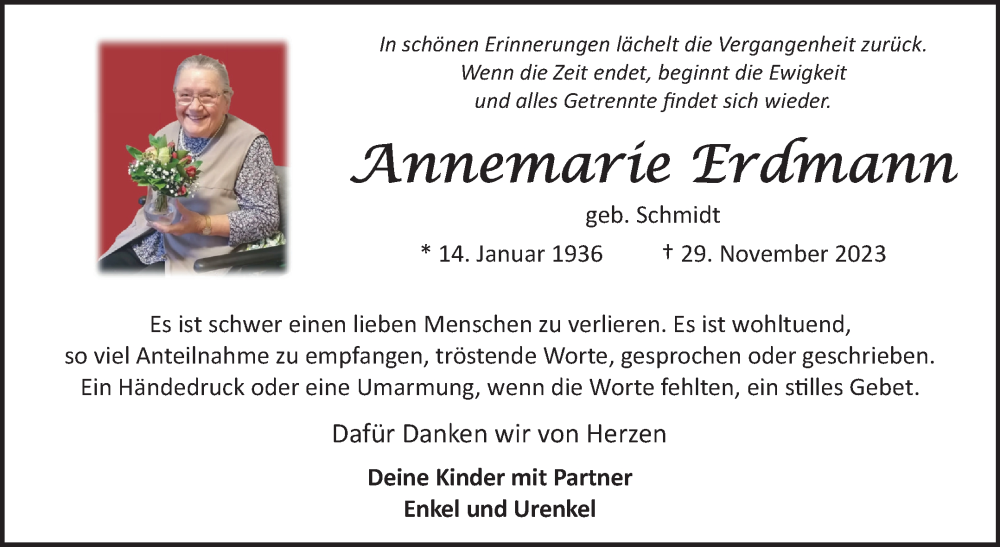  Traueranzeige für Annemarie Erdmann vom 20.01.2024 aus Ostfriesischer Kurier GmbH