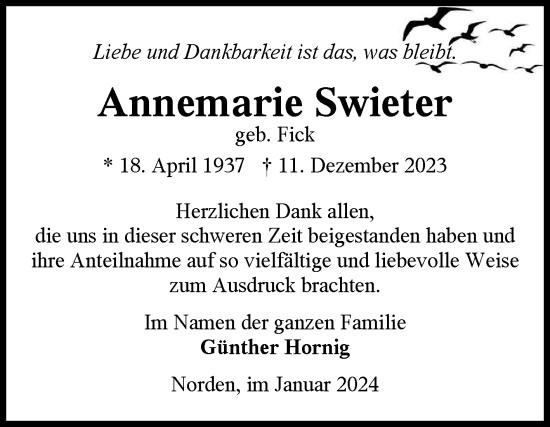 Traueranzeige von Annemarie Swieter von Ostfriesischer Kurier GmbH