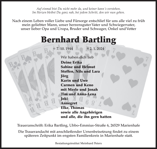 Traueranzeige von Bernhard Bartling von Ostfriesischer Kurier GmbH