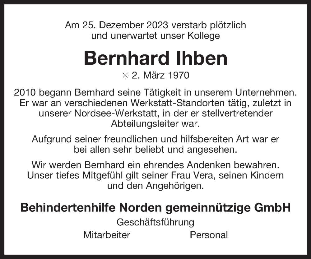  Traueranzeige für Bernhard Ihben vom 03.01.2024 aus Ostfriesischer Kurier GmbH