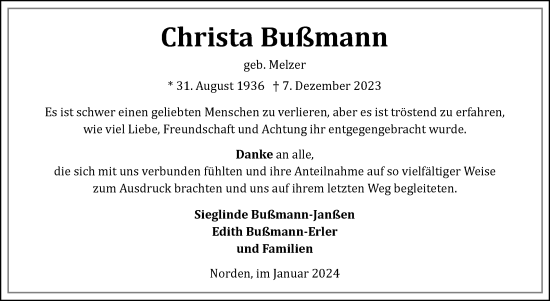 Traueranzeige von Christa Bußmann von Ostfriesischer Kurier GmbH