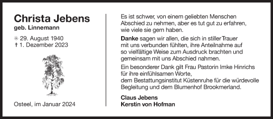 Traueranzeige von Christa Jebens von Ostfriesischer Kurier GmbH