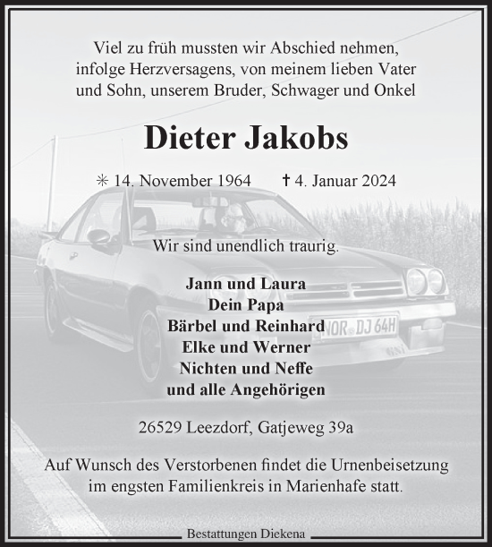 Traueranzeige von Dieter Jakobs von Ostfriesischer Kurier GmbH