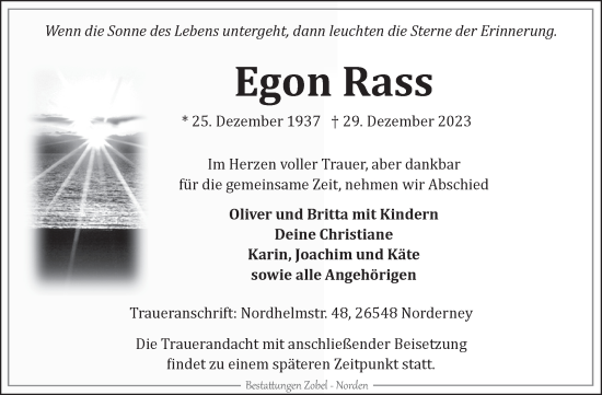 Traueranzeige von Egon Rass von Ostfriesischer Kurier GmbH