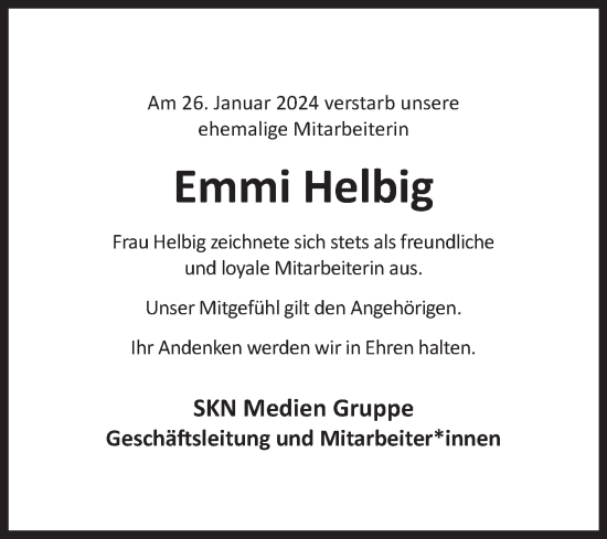 Traueranzeige von Emmi Helbig von Ostfriesischer Kurier GmbH