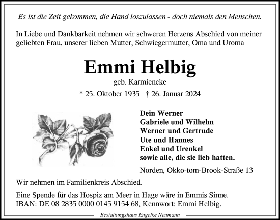 Traueranzeige von Emmi Helbig von Ostfriesischer Kurier GmbH