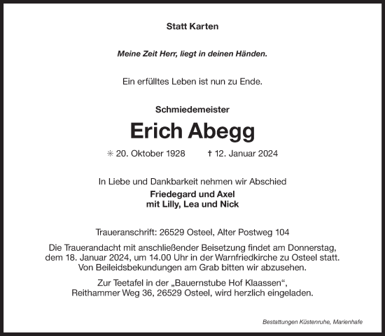 Traueranzeige von Erich Abegg von Ostfriesischer Kurier GmbH