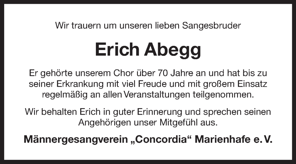  Traueranzeige für Erich Abegg vom 17.01.2024 aus Ostfriesischer Kurier GmbH