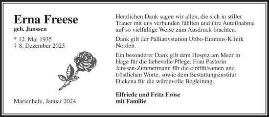 Traueranzeige von Erna Freese von Ostfriesischer Kurier GmbH