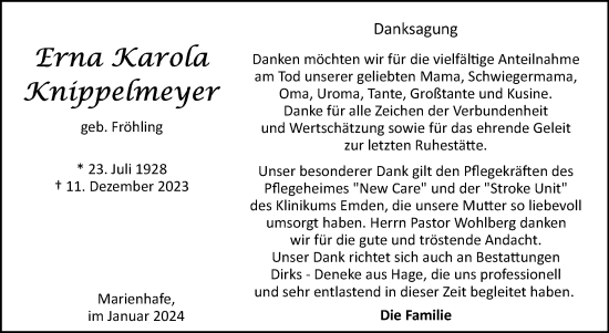 Traueranzeige von Erna Karola Knippelmeyer von Ostfriesischer Kurier GmbH