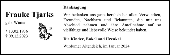 Traueranzeige von Frauke Tjarks von Ostfriesischer Kurier GmbH