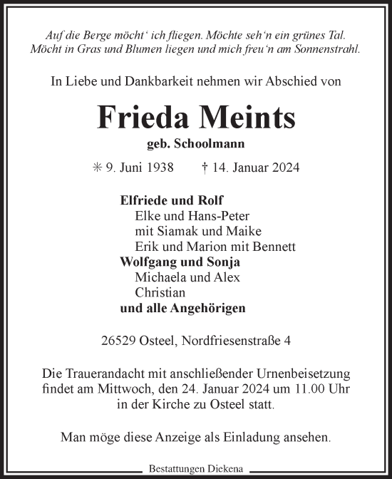Traueranzeige von Frieda Meints von Ostfriesischer Kurier GmbH