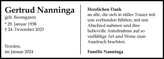 Traueranzeige von Gertrud Nanninga von Ostfriesischer Kurier GmbH