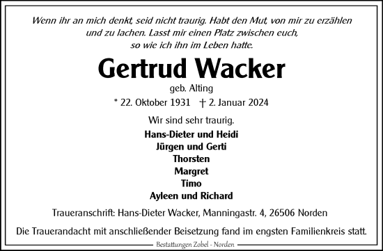 Traueranzeige von Gertrud Wacker von Ostfriesischer Kurier GmbH