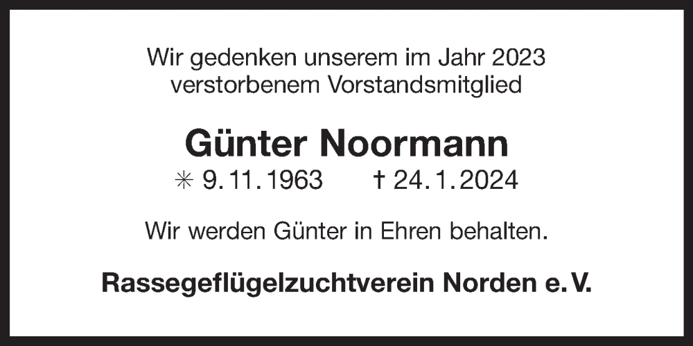  Traueranzeige für Günter Noormann vom 27.01.2024 aus Ostfriesischer Kurier GmbH
