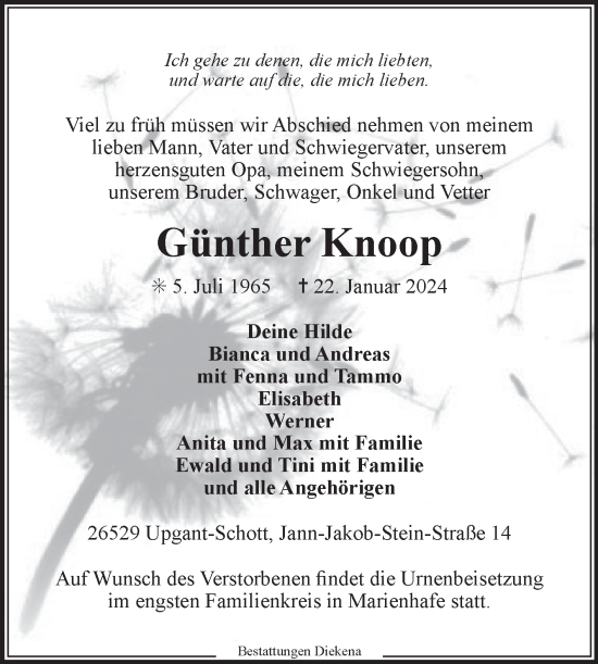 Traueranzeige von Günther Knoop von Ostfriesischer Kurier GmbH