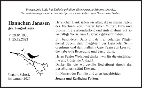 Traueranzeige von Hannchen Janssen von Ostfriesischer Kurier GmbH