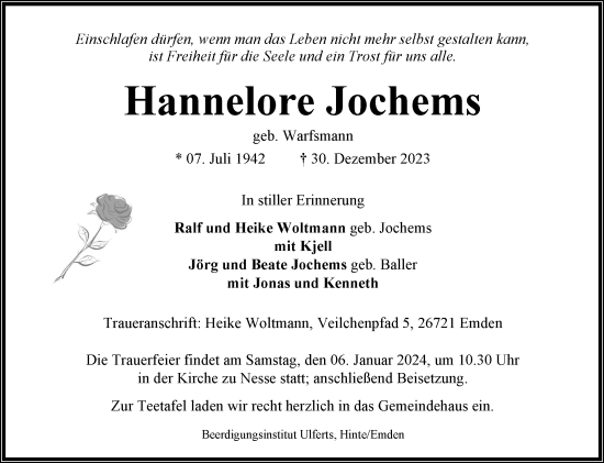 Traueranzeige von Hannelore Jochems von Ostfriesischer Kurier GmbH