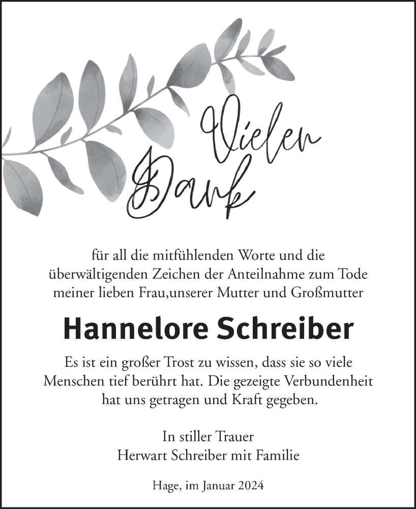  Traueranzeige für Hannelore Schreiber vom 20.01.2024 aus Ostfriesischer Kurier GmbH