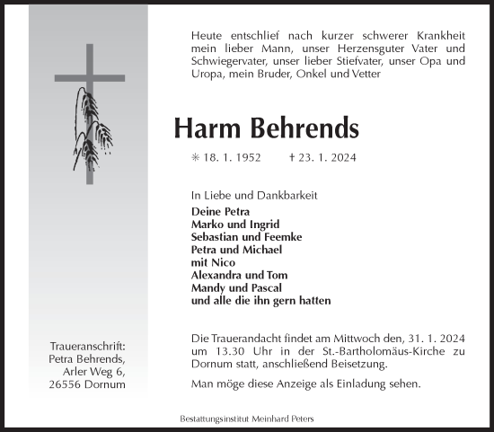 Traueranzeige von Harm Behrends von Ostfriesischer Kurier GmbH