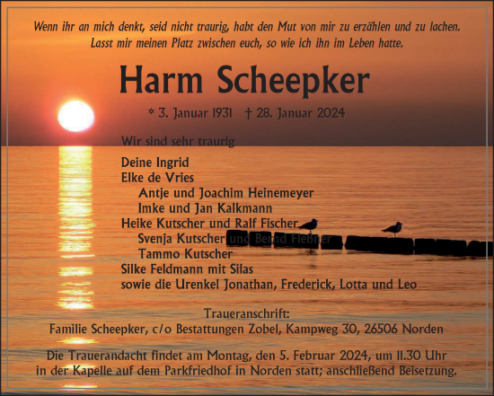 Traueranzeige von Harm Scheepker von Ostfriesischer Kurier GmbH
