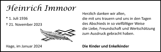 Traueranzeige von Heinrich Immoor von Ostfriesischer Kurier GmbH
