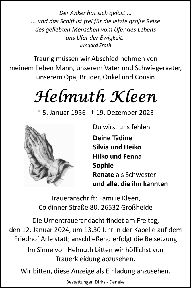 Traueranzeige für Helmuth Kleen vom 06.01.2024 aus Ostfriesischer Kurier GmbH
