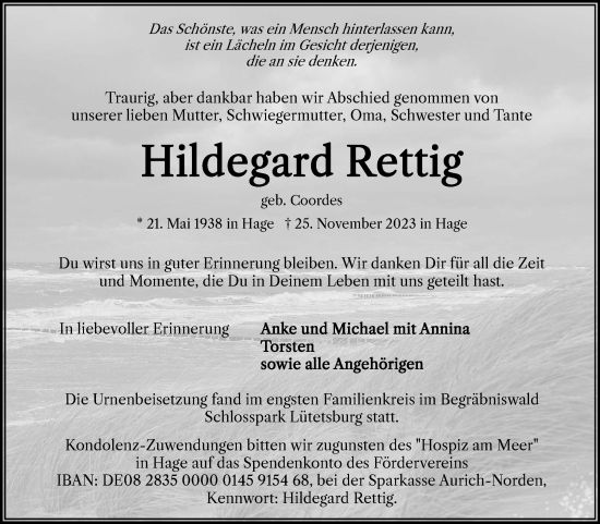 Traueranzeige von Hildegard Rettig von Ostfriesischer Kurier GmbH