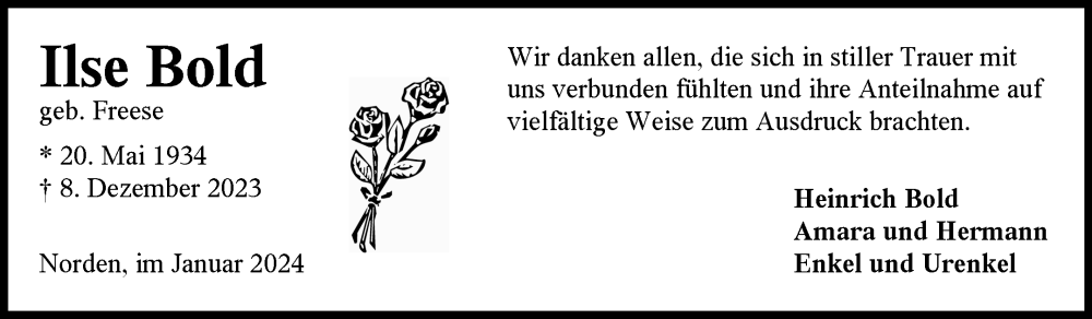  Traueranzeige für Ilse Bold vom 20.01.2024 aus Ostfriesischer Kurier GmbH