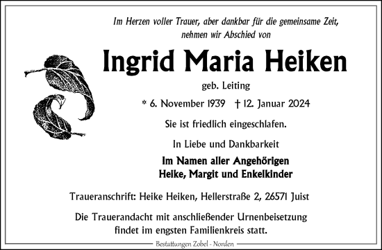 Traueranzeige von Ingrid Maria Heiken von Ostfriesischer Kurier GmbH