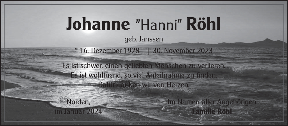  Traueranzeige für Johanne Röhl vom 13.01.2024 aus Ostfriesischer Kurier GmbH