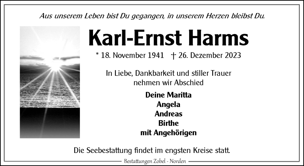  Traueranzeige für Karl-Ernst Harms vom 06.01.2024 aus Ostfriesischer Kurier GmbH