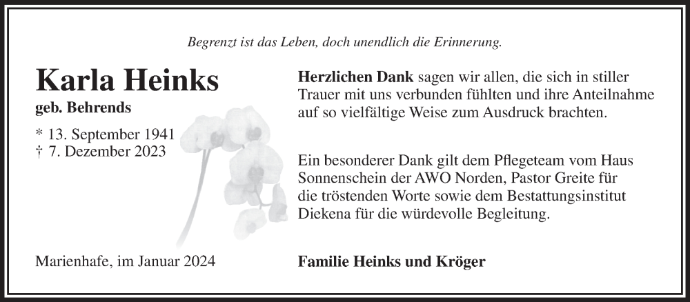  Traueranzeige für Karla Heinks vom 13.01.2024 aus Ostfriesischer Kurier GmbH