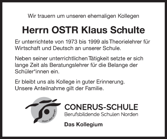 Traueranzeige von Klaus Schulte von Ostfriesischer Kurier GmbH